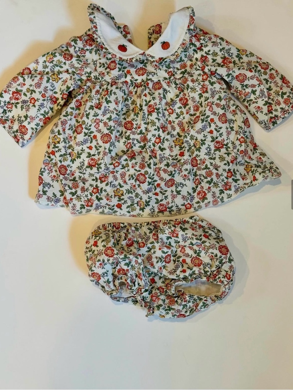 Pumpkin Peter Pan Collar Dress & Bloomers - White with Orange & Green Floral